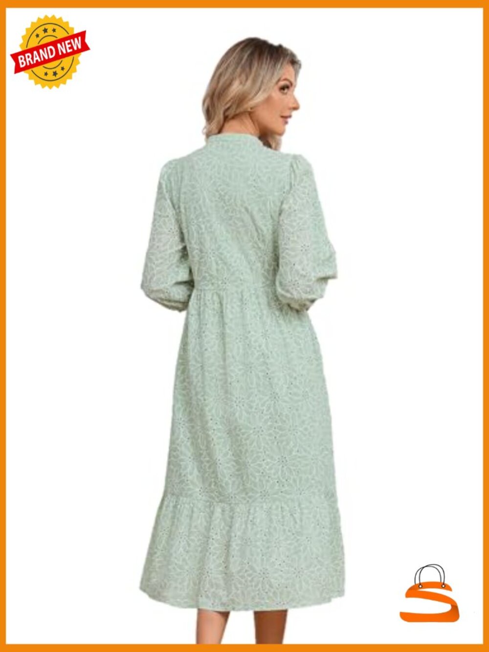 Boho Floral Lace Eyelet Midi Dress 3/4 Sleeve V-Neck Button - Picture 6 of 7